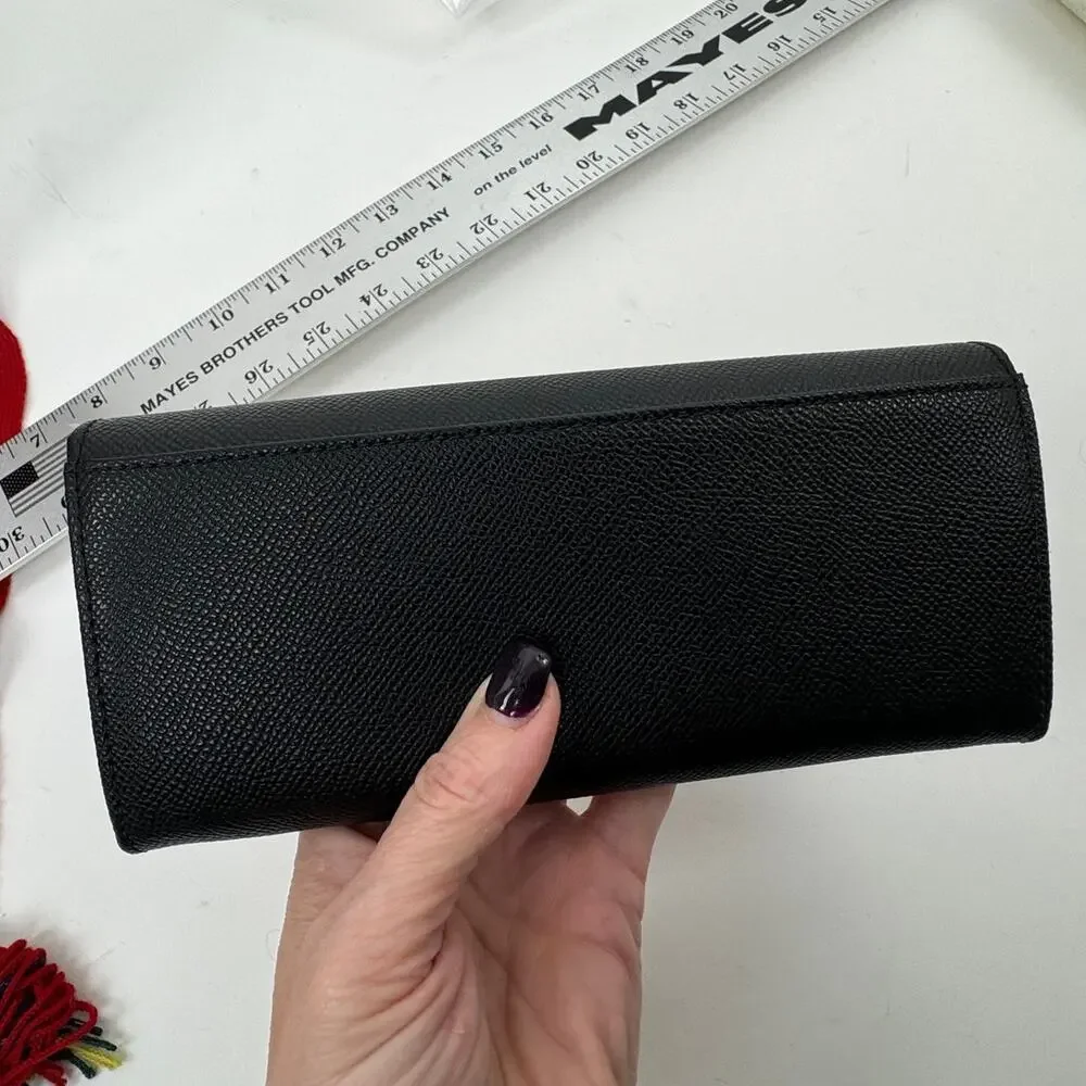 Furla NWT Black Pebble Grained Continental Trifold Wallet With Box and Bag Charm